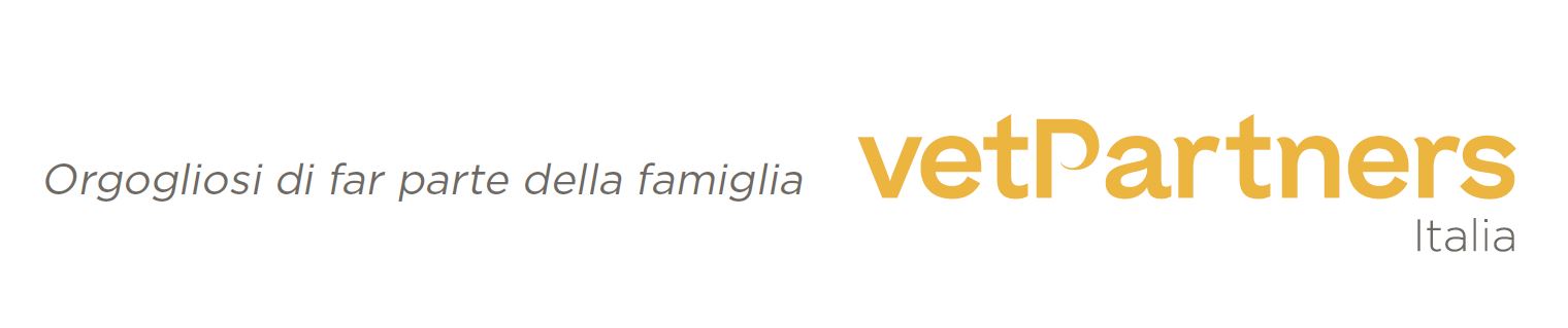 Testo in italiano: Orgogliosi di far parte della famiglia vetPartners Italia. Il testo è stilizzato con la scritta vetPartners in grassetto e color oro, mentre il resto è in grigio.
